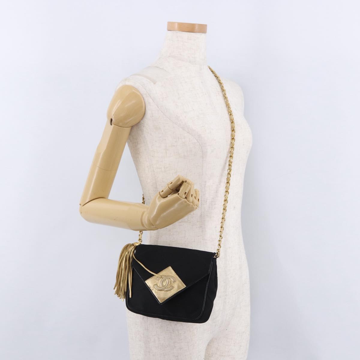 CHANEL Matelasse Chain Shoulder Bag Satin Black Gold CC Auth 192082V