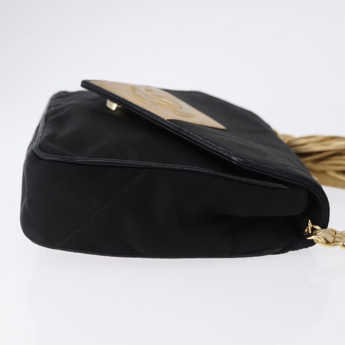 CHANEL Matelasse Chain Shoulder Bag Satin Black Gold CC Auth 192082V