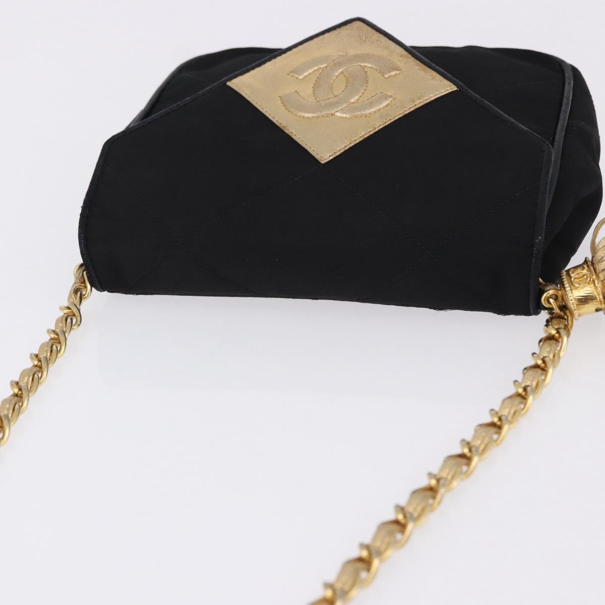 CHANEL Matelasse Chain Shoulder Bag Satin Black Gold CC Auth 192082V