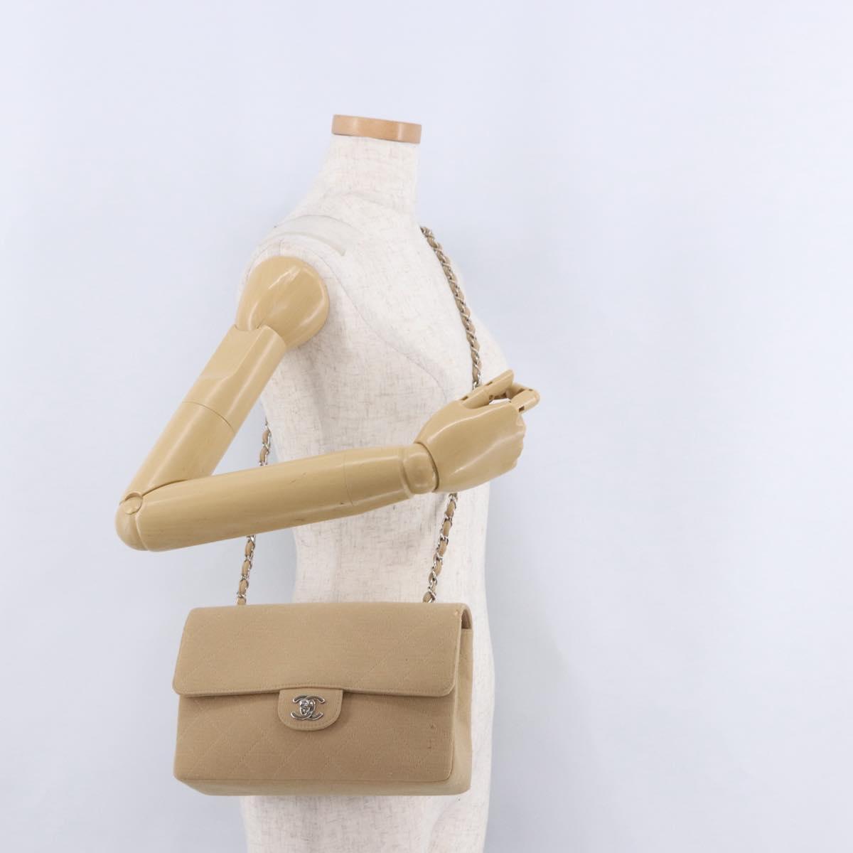 CHANEL Matelasse 25 Chain Shoulder Bag Cotton Beige Silver CC Auth 192083A