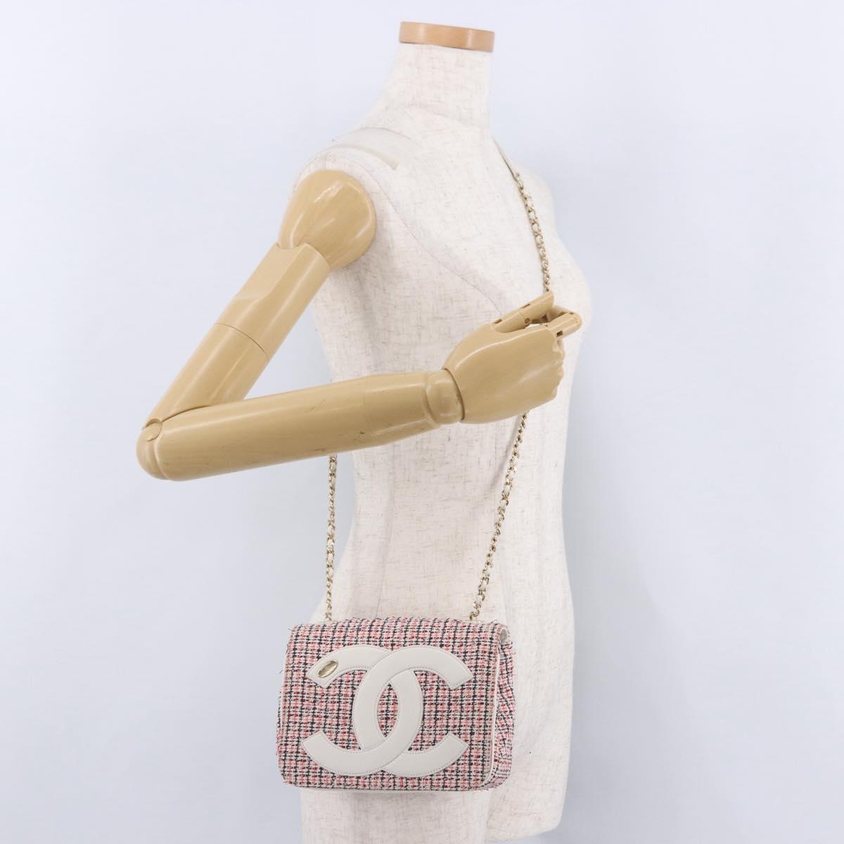 CHANEL Matelasse Chain Shoulder Bag Tweed Red Gold CC Auth 192084SAM