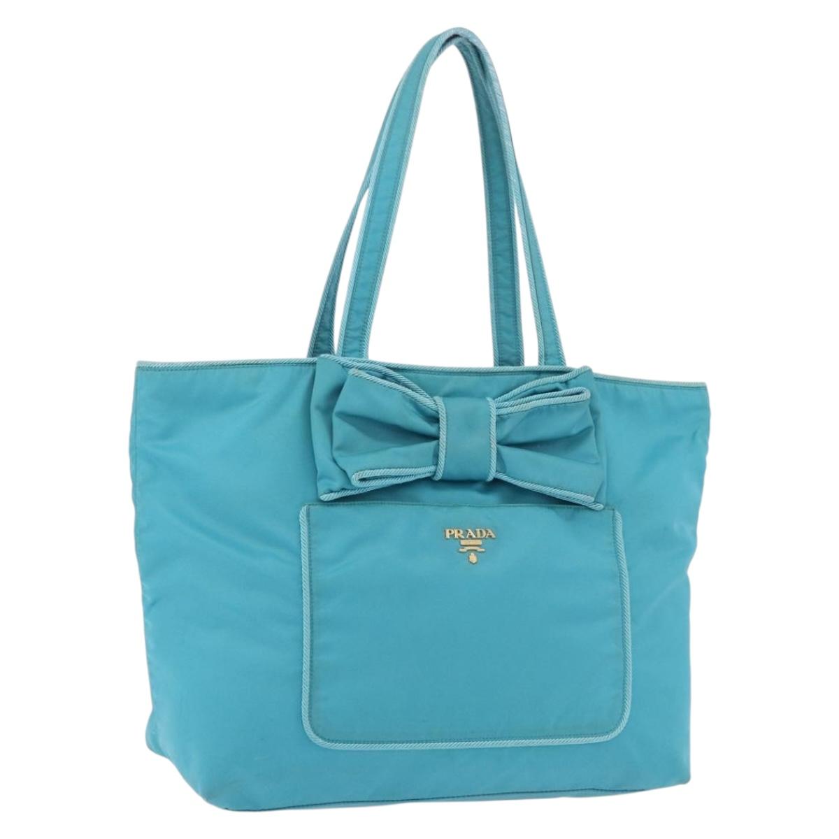 PRADA Tote Bag Nylon Turquoise Blue Gold Auth 192104A