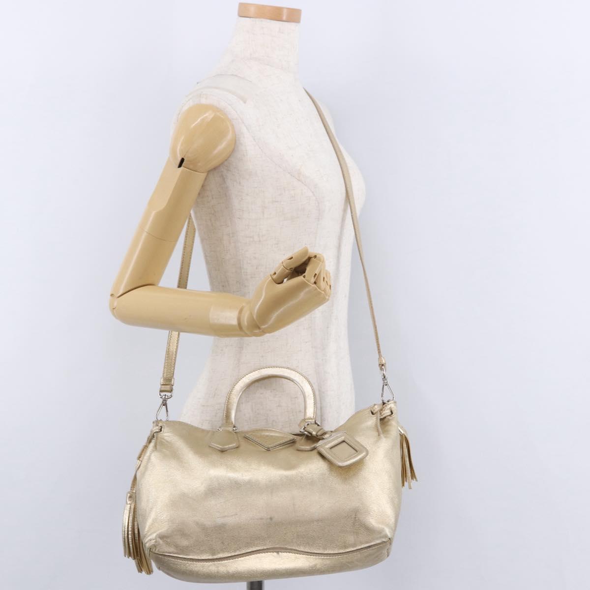 PRADA Hand Bag Leather 2way Silver Gold Auth 192120A