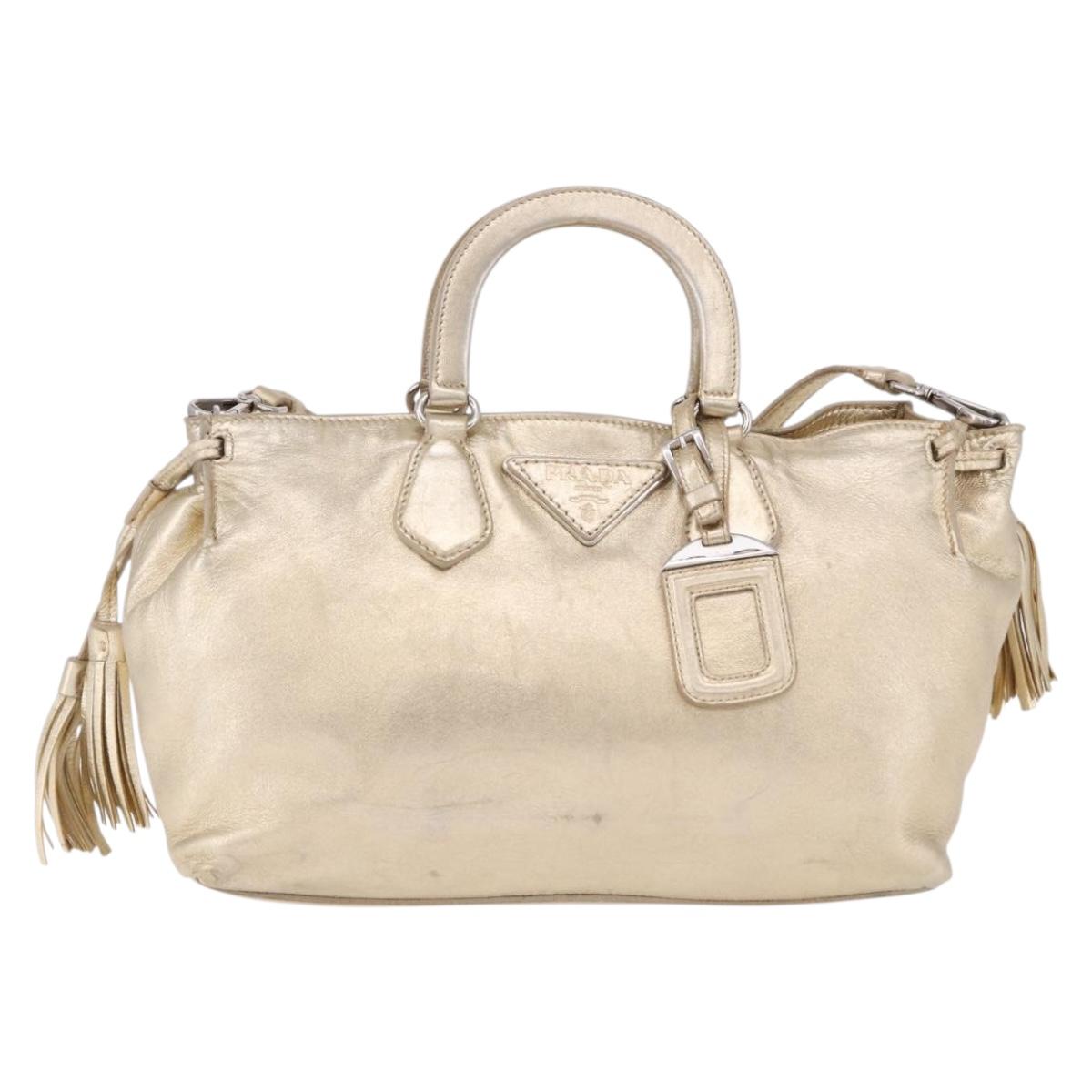 PRADA Hand Bag Leather 2way Silver Gold Auth 192120A