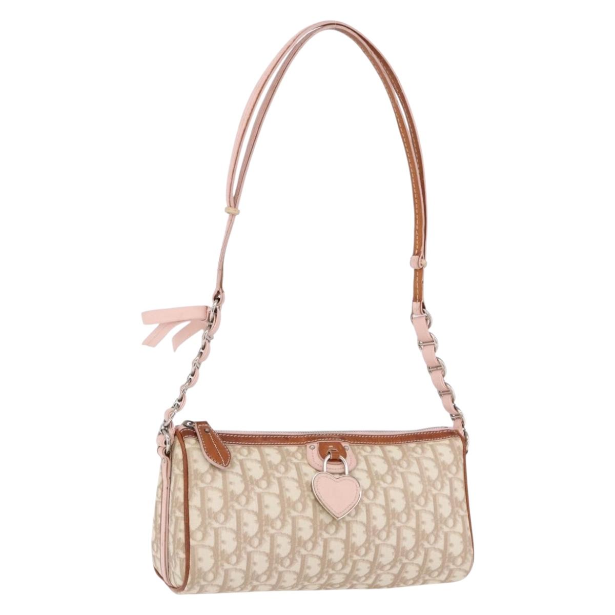 Christian Dior Trotter Canvas Chain Romantic Bag PVC Beige Silver Auth 192126V