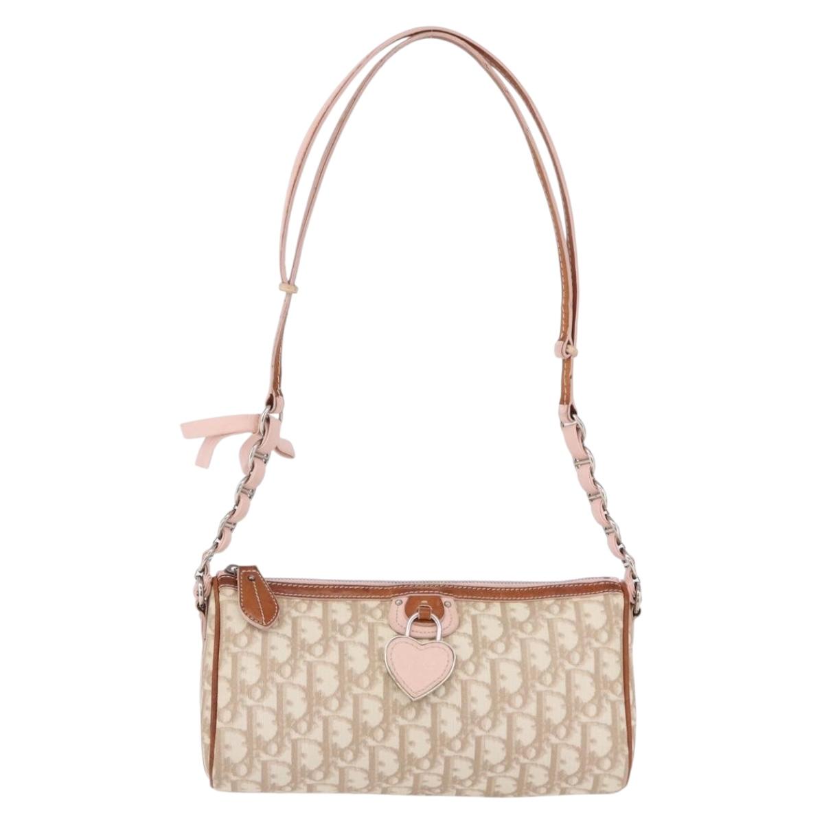 Christian Dior Trotter Canvas Chain Romantic Bag PVC Beige Silver Auth 192126V
