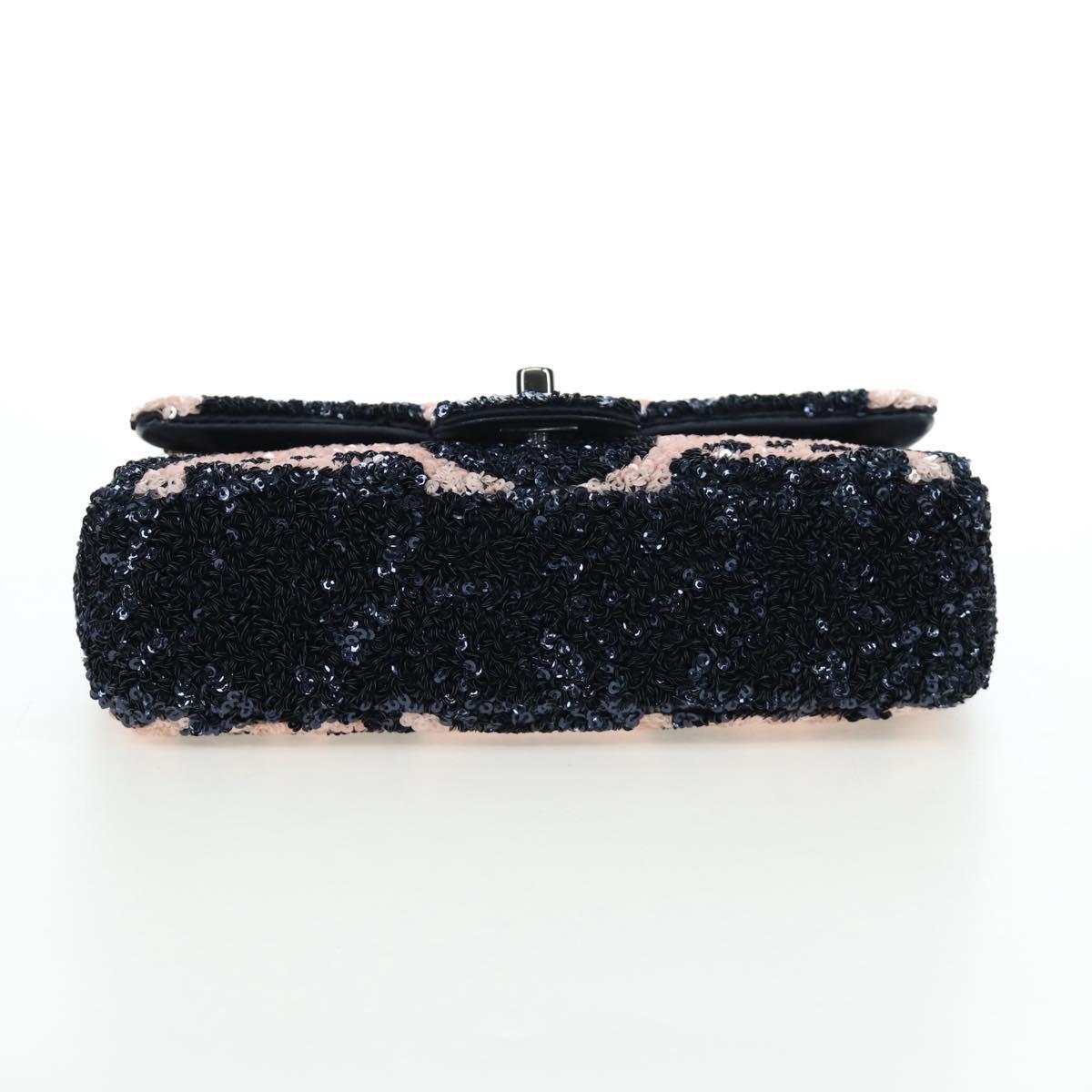 CHANEL Chain Shoulder Bag Leather sequins Navy Silver CC Auth 192127SM