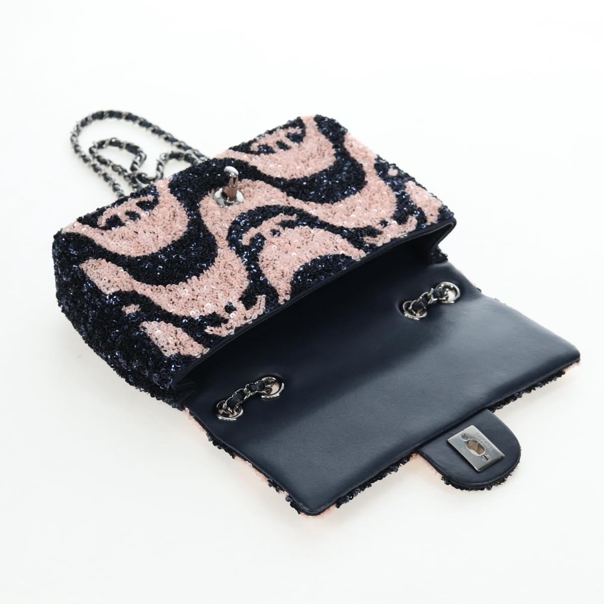 CHANEL Chain Shoulder Bag Leather sequins Navy Silver CC Auth 192127SM