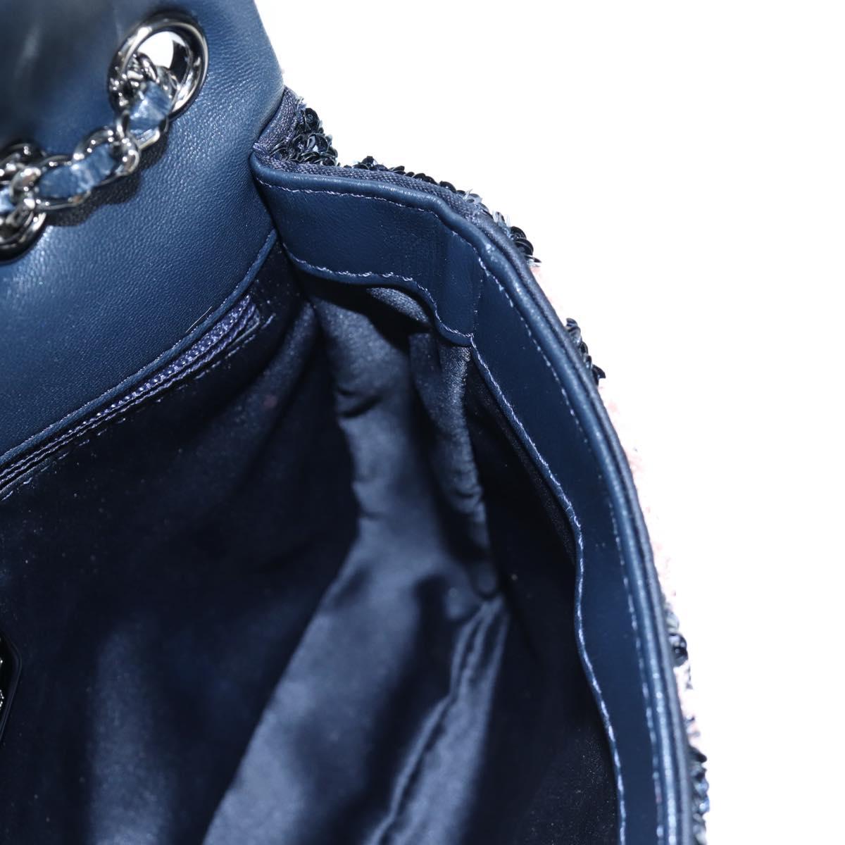 CHANEL Chain Shoulder Bag Leather sequins Navy Silver CC Auth 192127SM