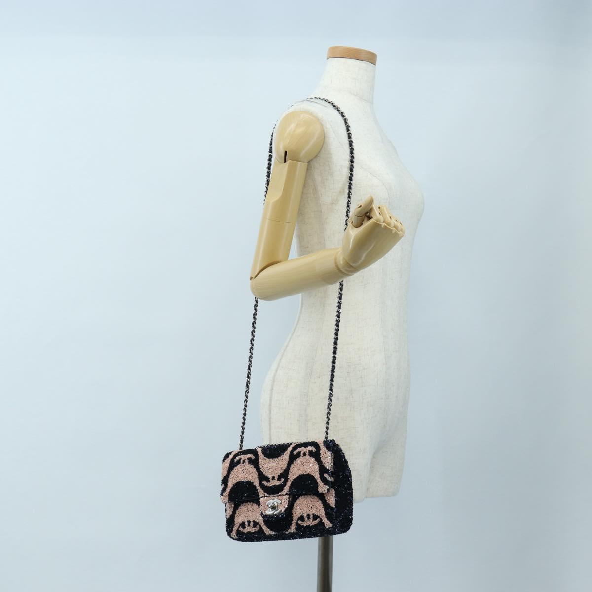 CHANEL Chain Shoulder Bag Leather sequins Navy Silver CC Auth 192127SM