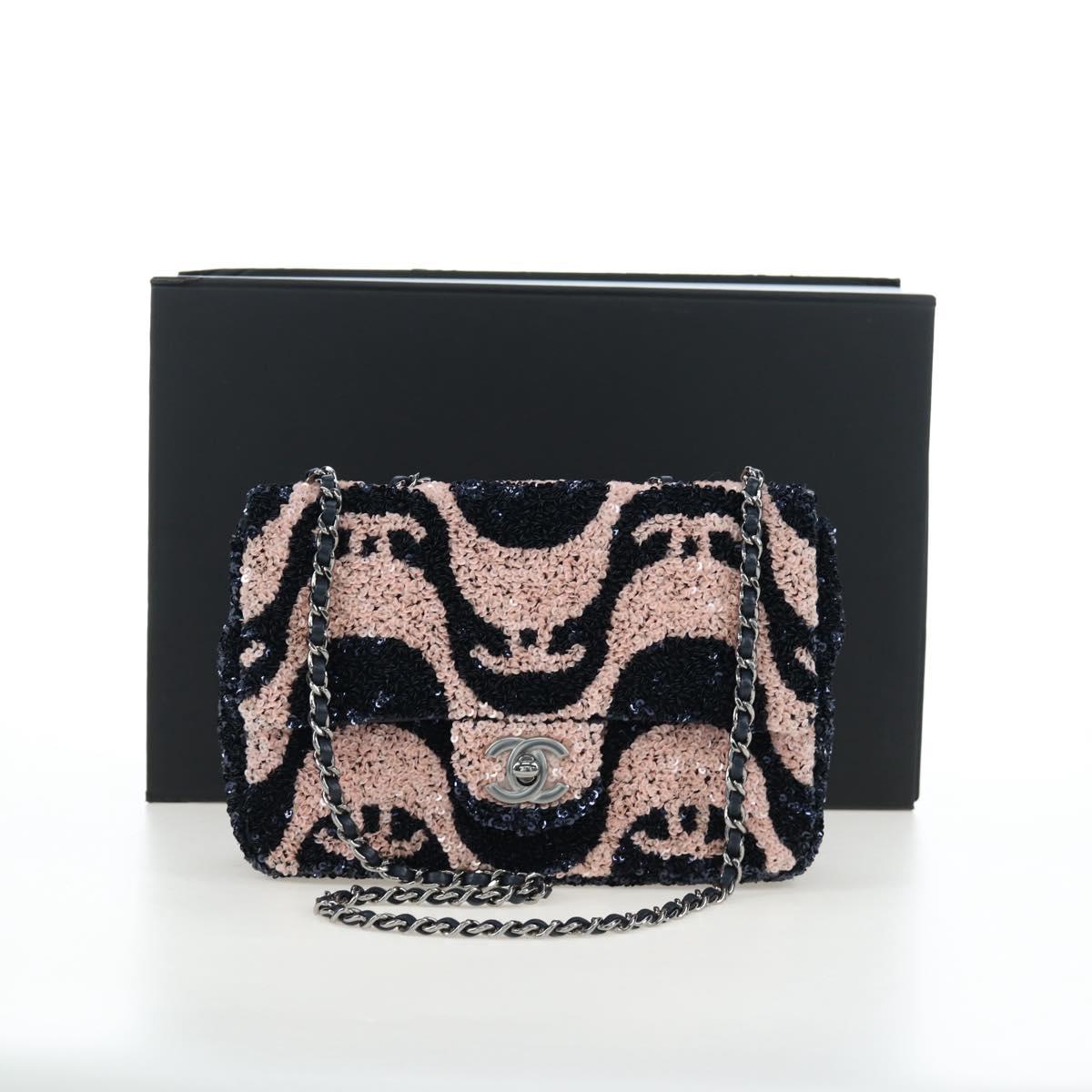 CHANEL Chain Shoulder Bag Leather sequins Navy Silver CC Auth 192127SM