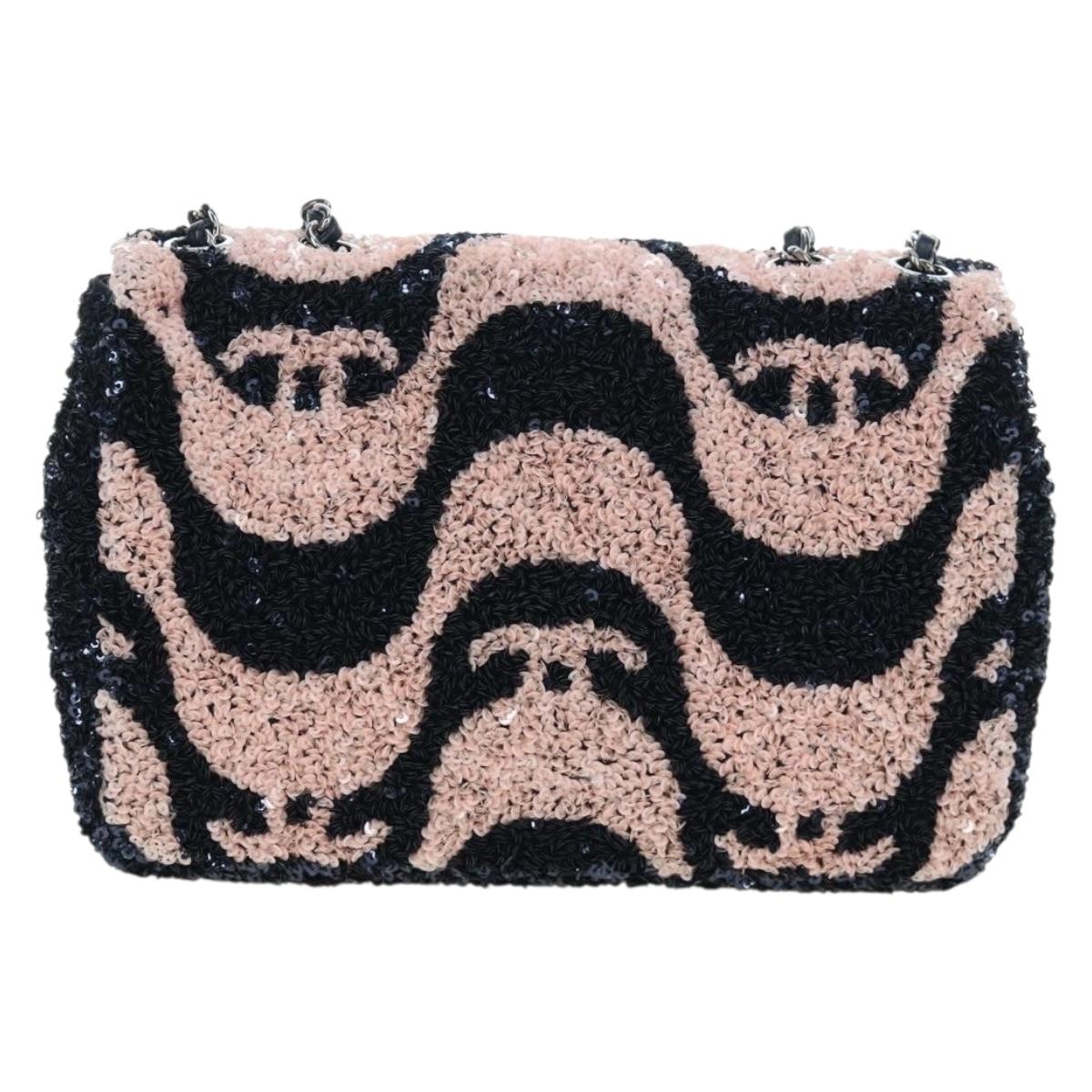 CHANEL Chain Shoulder Bag Leather sequins Navy Silver CC Auth 192127SM