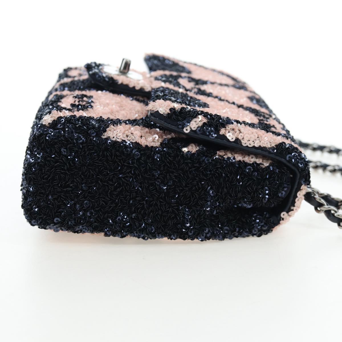 CHANEL Chain Shoulder Bag Leather sequins Navy Silver CC Auth 192127SM