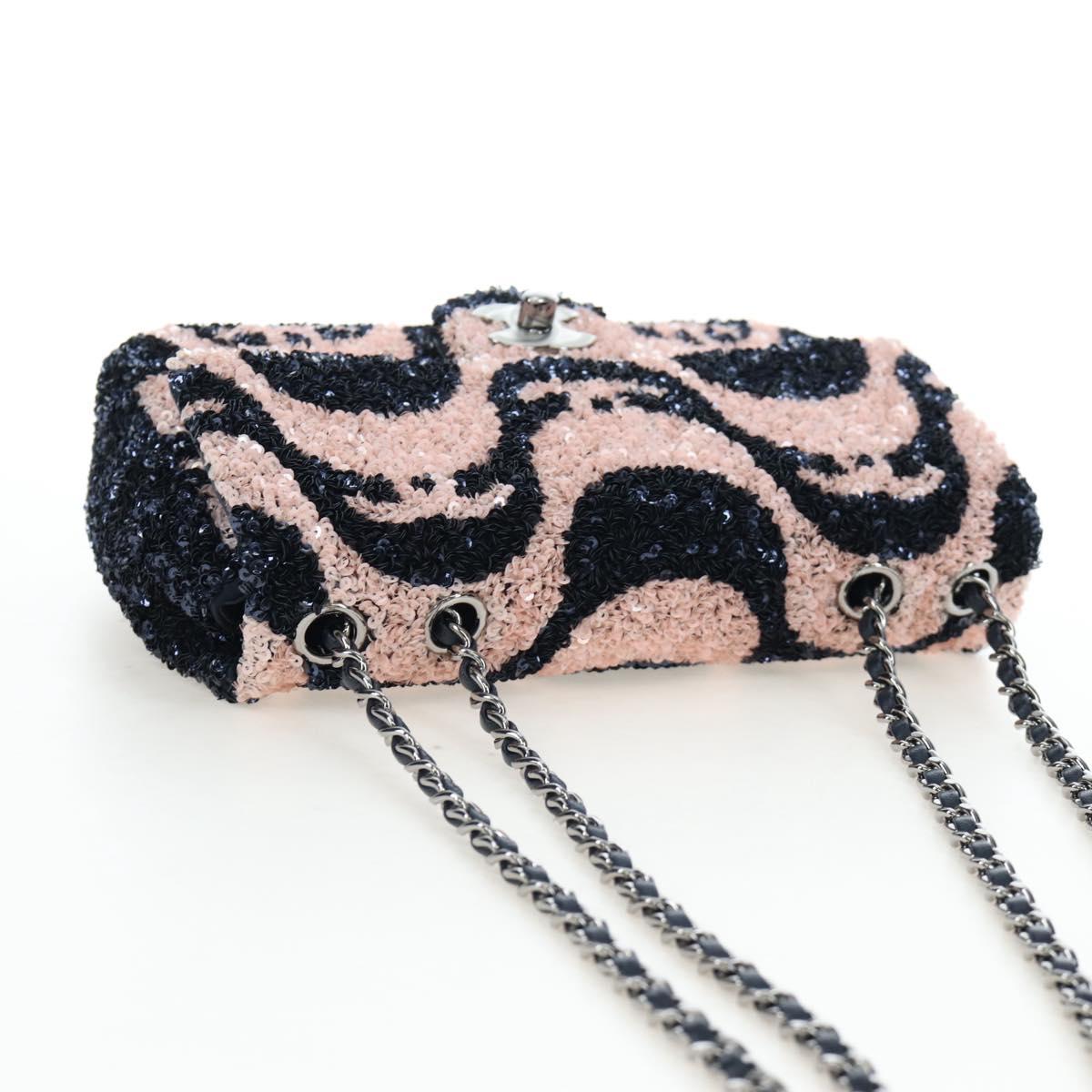 CHANEL Chain Shoulder Bag Leather sequins Navy Silver CC Auth 192127SM