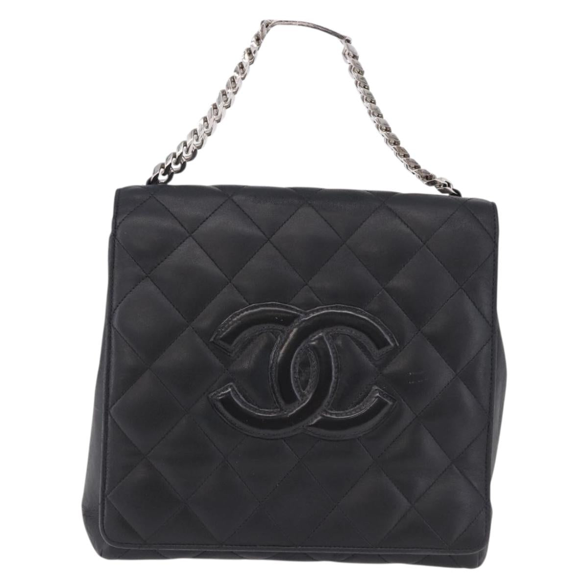 CHANEL Matelasse Chain Hand Bag Lamb Skin Black Silver CC Auth 192129M
