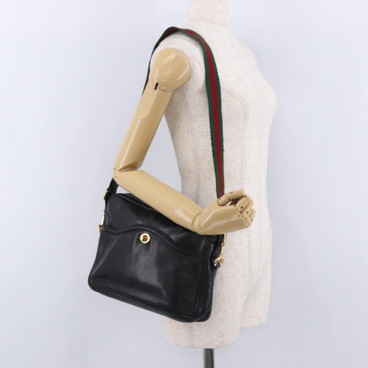 GUCCI Horsebit Web Sherry Line Shoulder Bag Leather Black Gold Auth 192187A