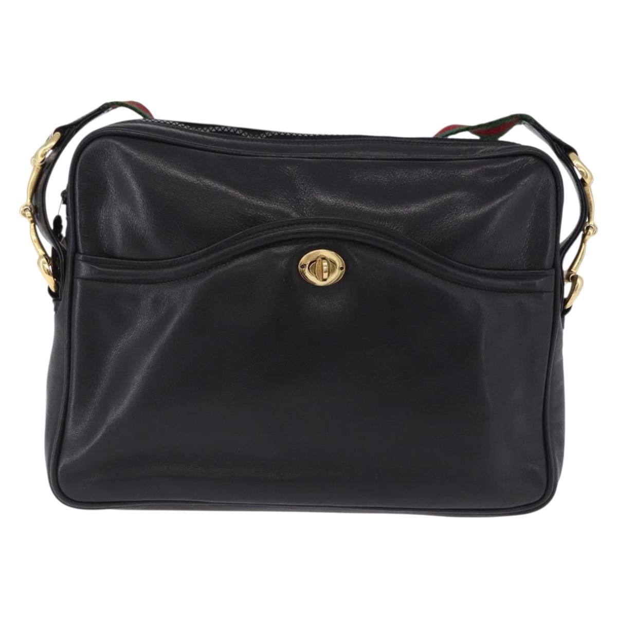 GUCCI Horsebit Web Sherry Line Shoulder Bag Leather Black Gold Auth 192187A