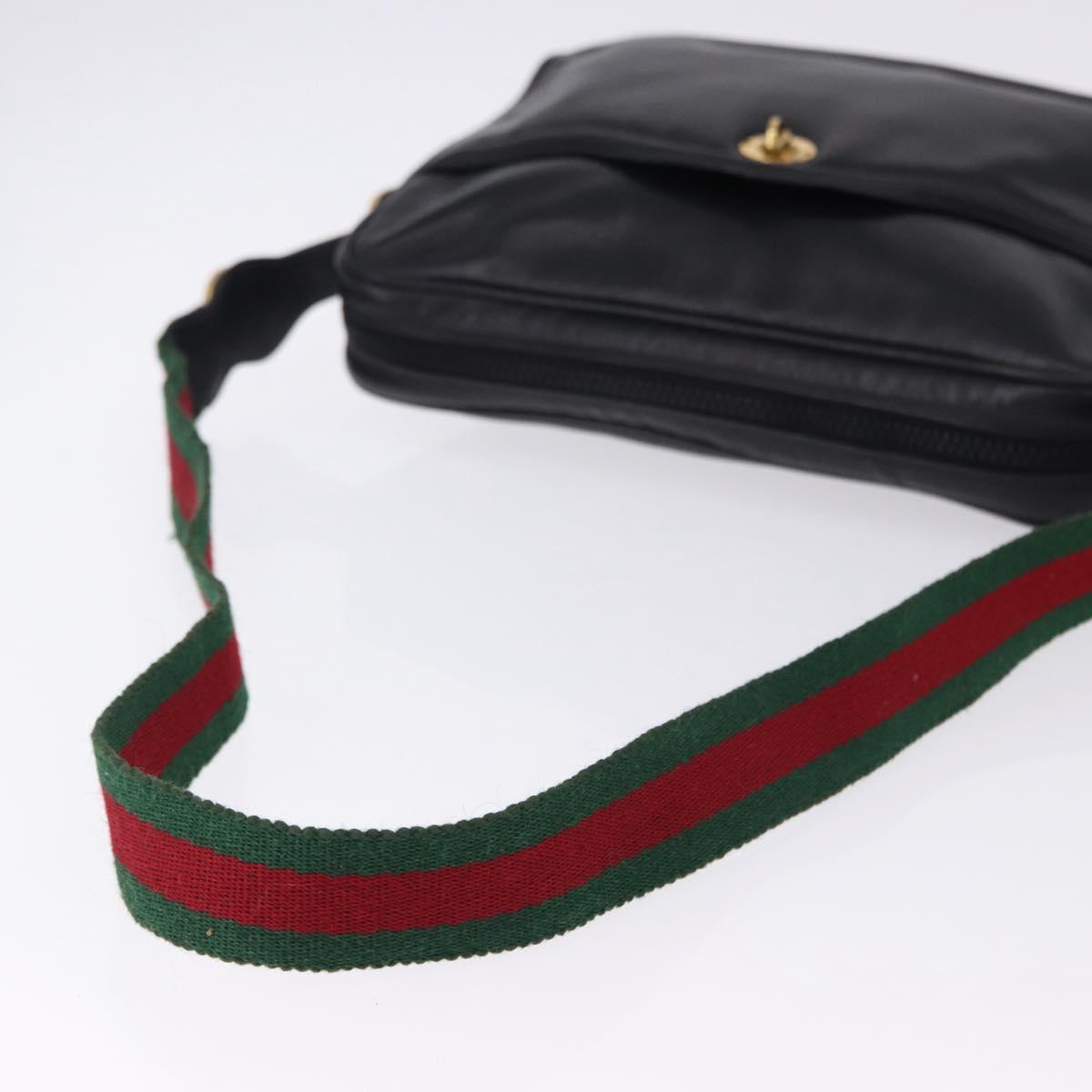 GUCCI Horsebit Web Sherry Line Shoulder Bag Leather Black Gold Auth 192187A