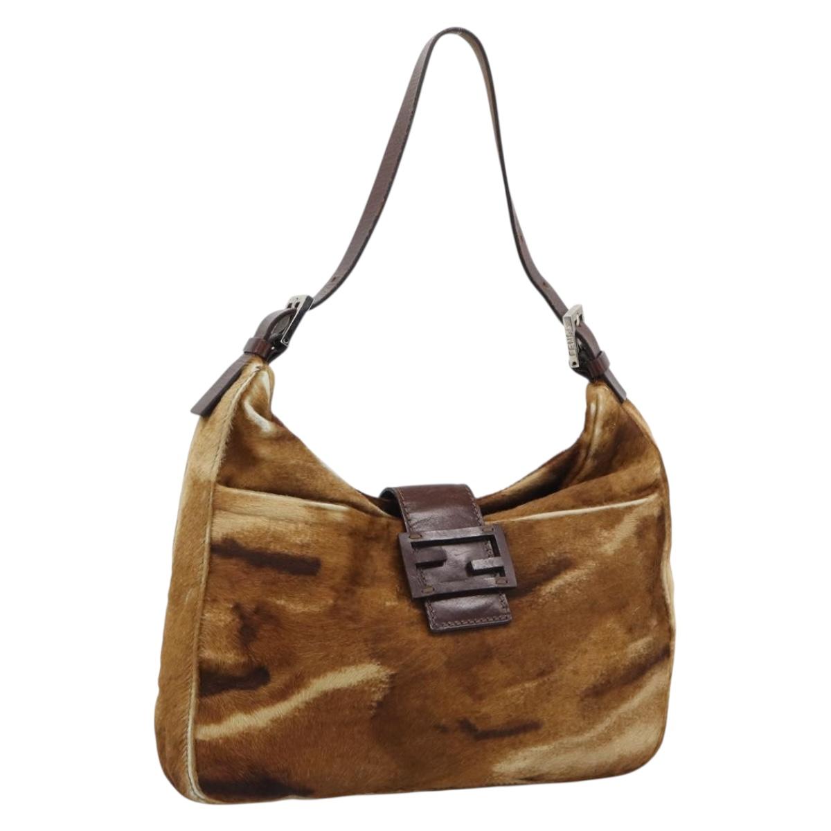 FENDI Mamma Baguette Shoulder Bag Harako Leather Brown Silver Auth 192202V