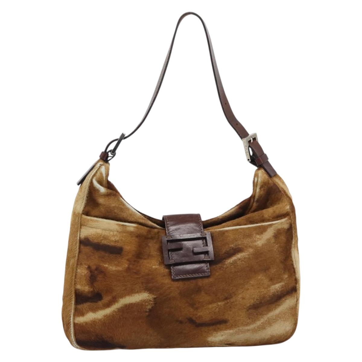 FENDI Mamma Baguette Shoulder Bag Harako Leather Brown Silver Auth 192202V