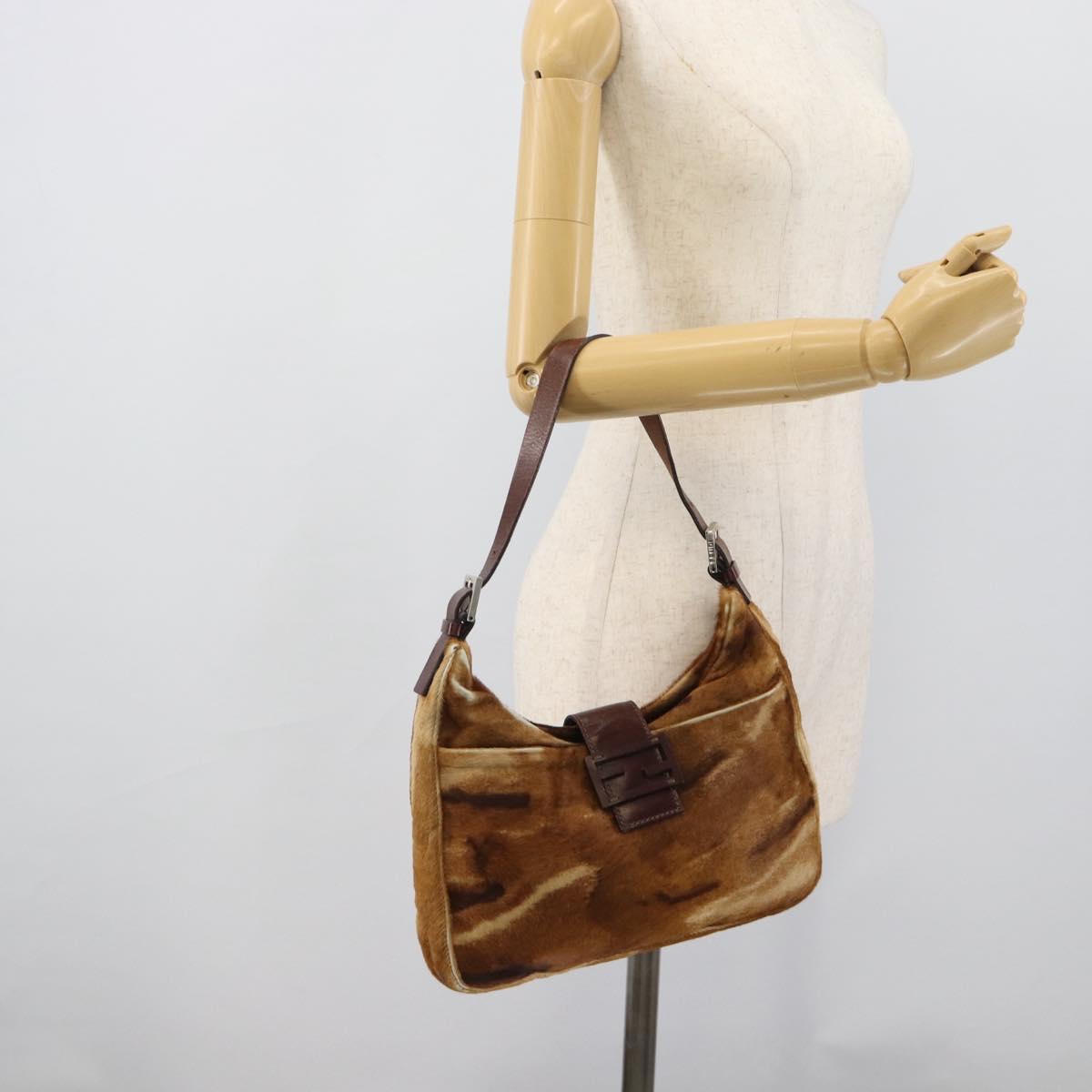FENDI Mamma Baguette Shoulder Bag Harako Leather Brown Silver Auth 192202V