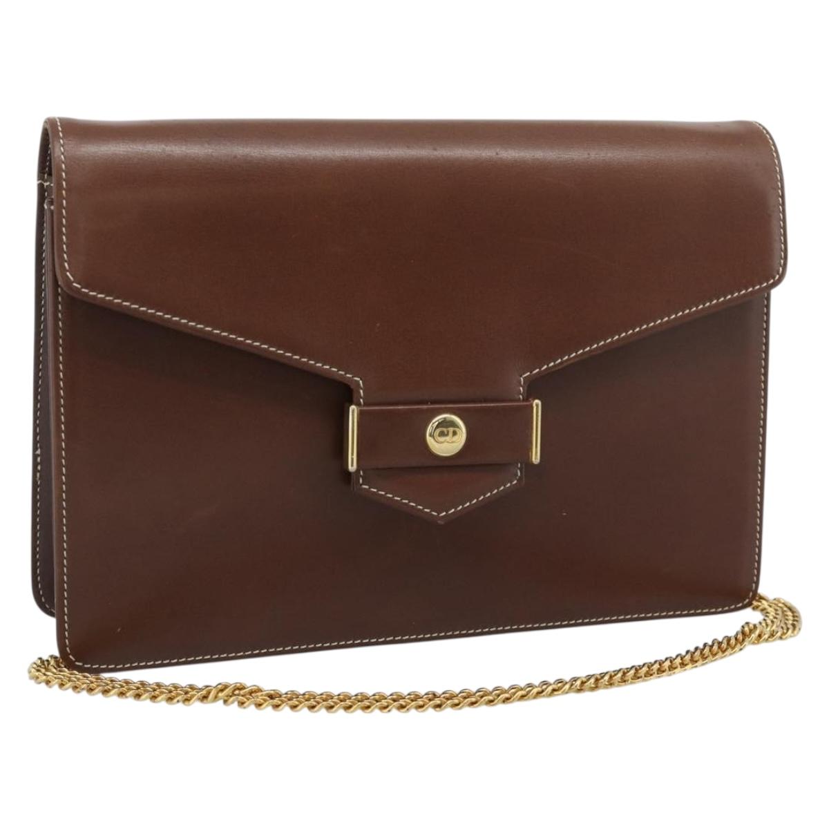 Christian Dior Chain Shoulder Bag Leather Brown Gold Auth 192217