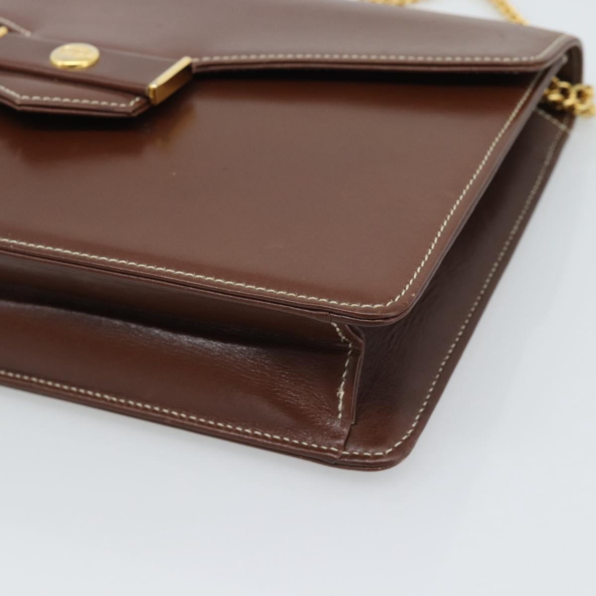 Christian Dior Chain Shoulder Bag Leather Brown Gold Auth 192217