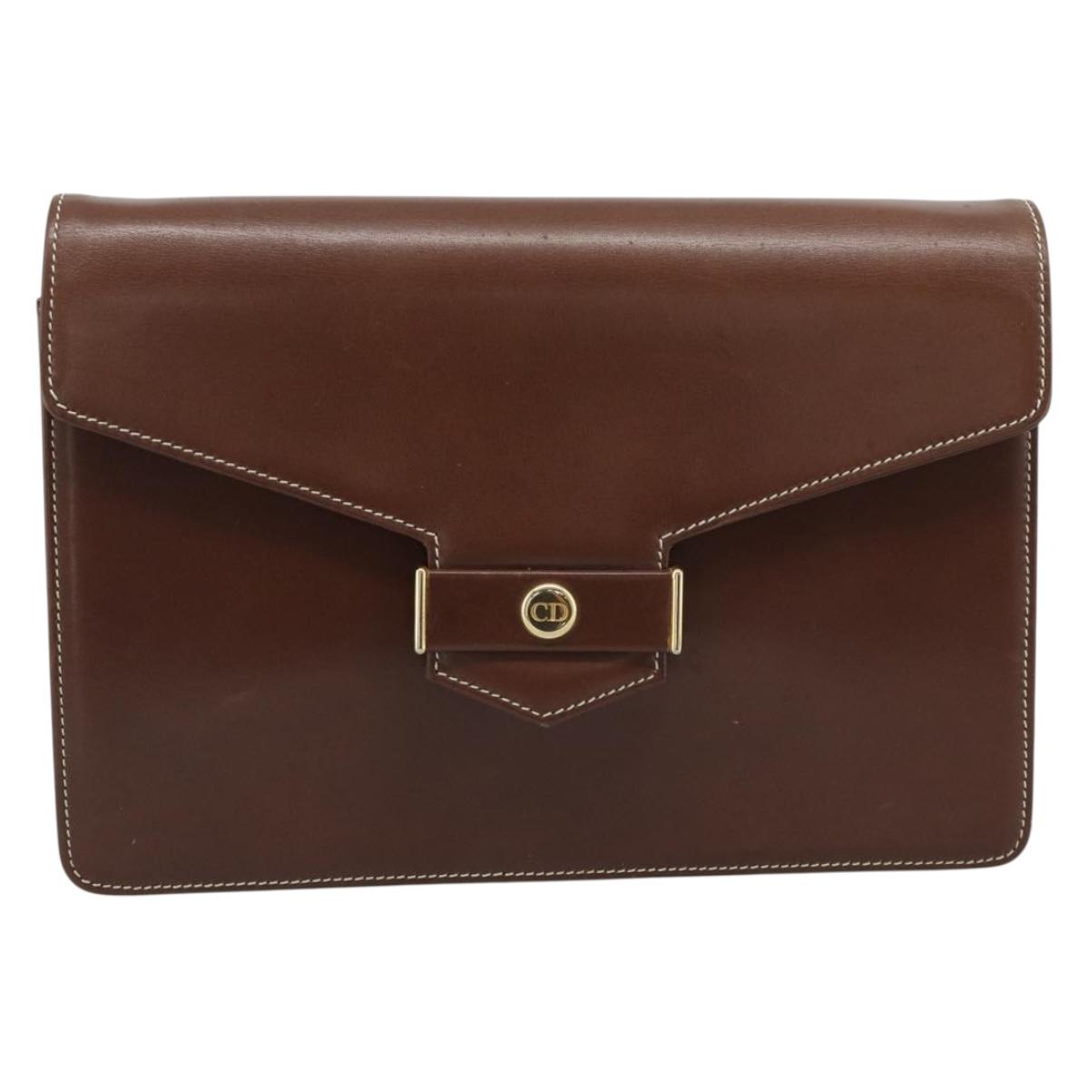 Christian Dior Chain Shoulder Bag Leather Brown Gold Auth 192217