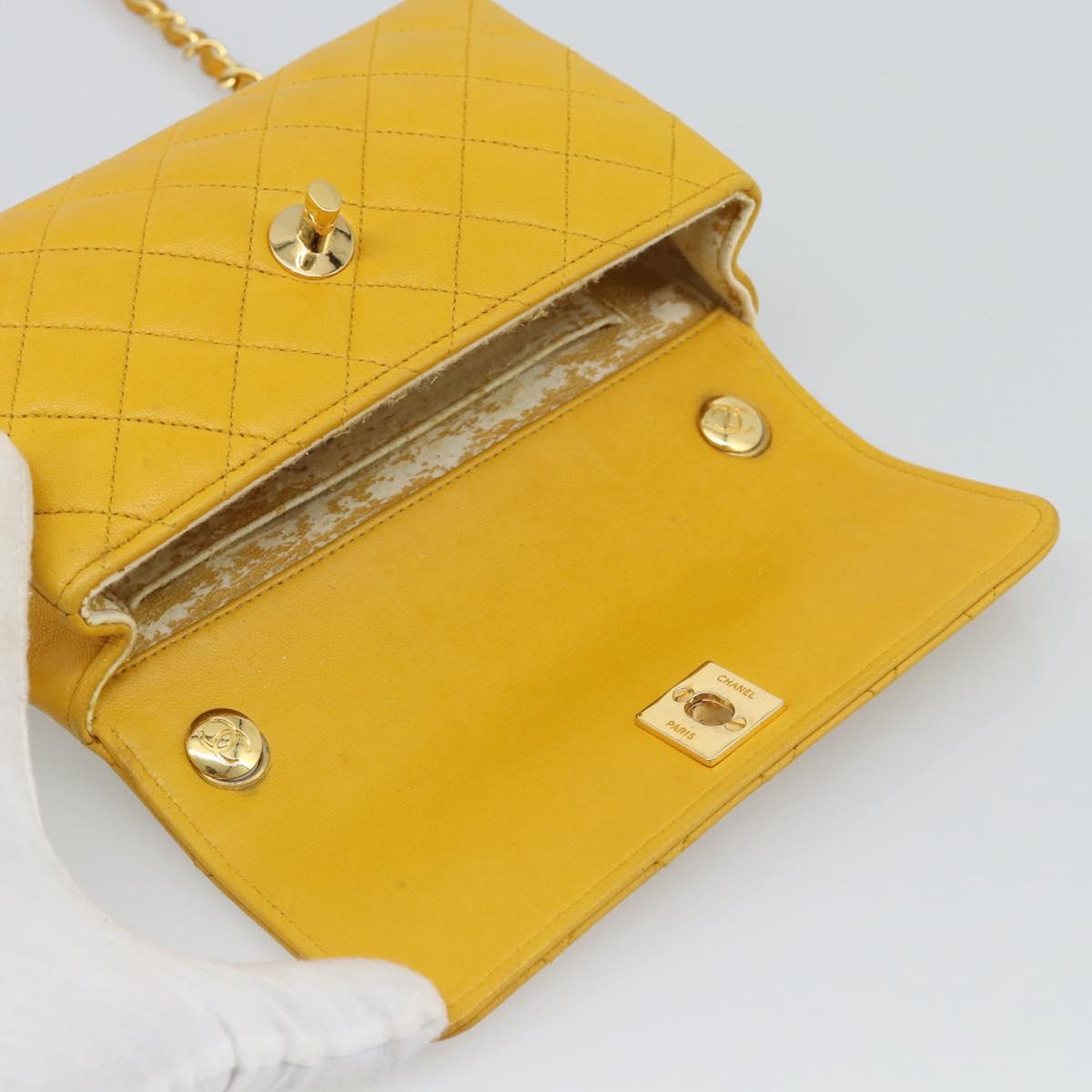 CHANEL Matelasse Chain Shoulder Bag Lamb Skin Yellow Gold CC Auth 192225