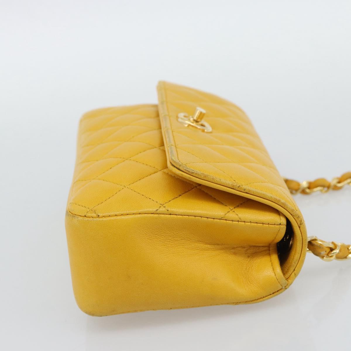 CHANEL Matelasse Chain Shoulder Bag Lamb Skin Yellow Gold CC Auth 192225
