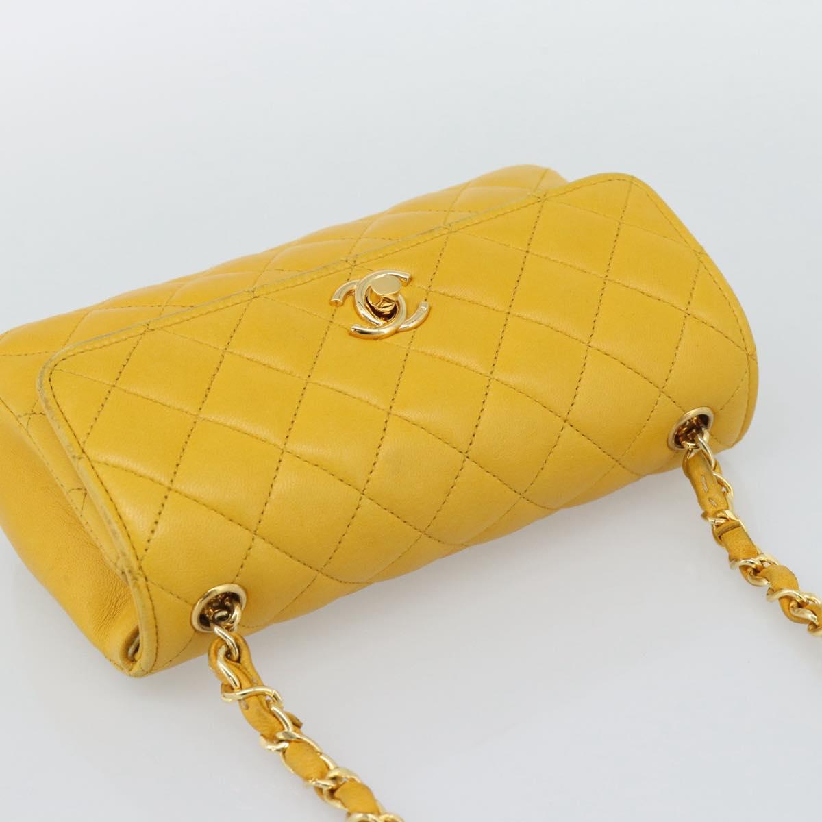 CHANEL Matelasse Chain Shoulder Bag Lamb Skin Yellow Gold CC Auth 192225
