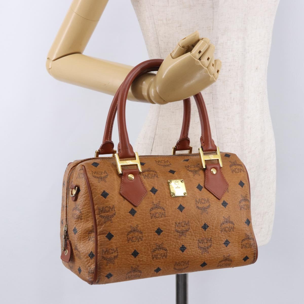 MCM Logogram Vicetos Boston Bag PVC Leather Brown Gold Auth 192236