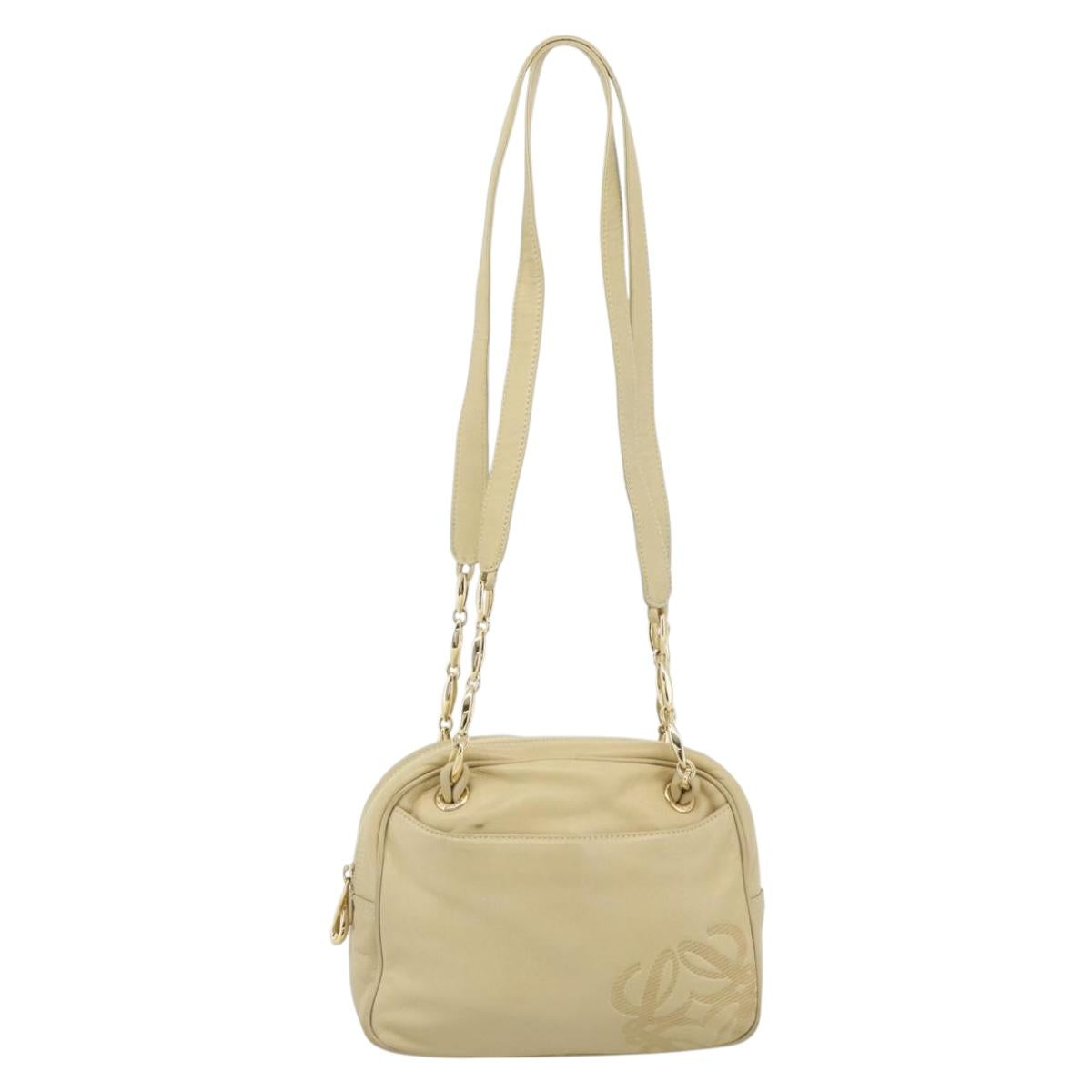 LOEWE Chain Shoulder Bag Leather Beige Gold Auth 192241A