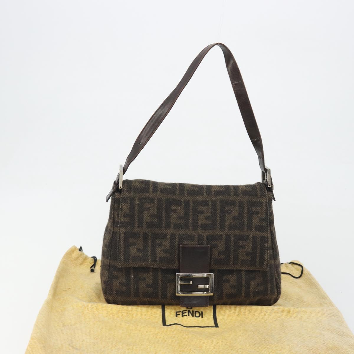 FENDI Zucca Canvas Mamma Baguette Shoulder Bag Wool Brown Gold Auth 192244V