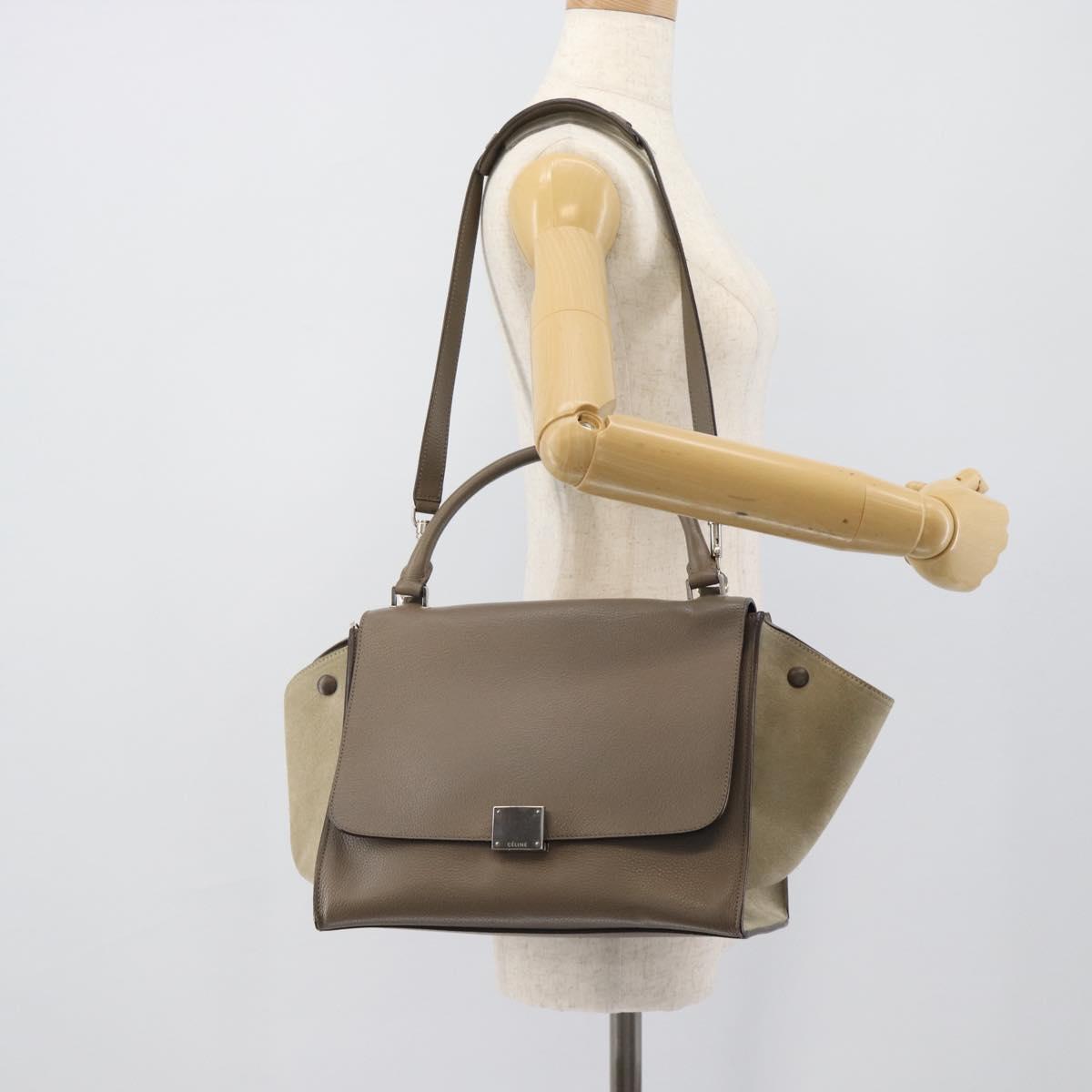 CELINE Trapeze Hand Bag Leather 2way Gray Silver Auth 192250V
