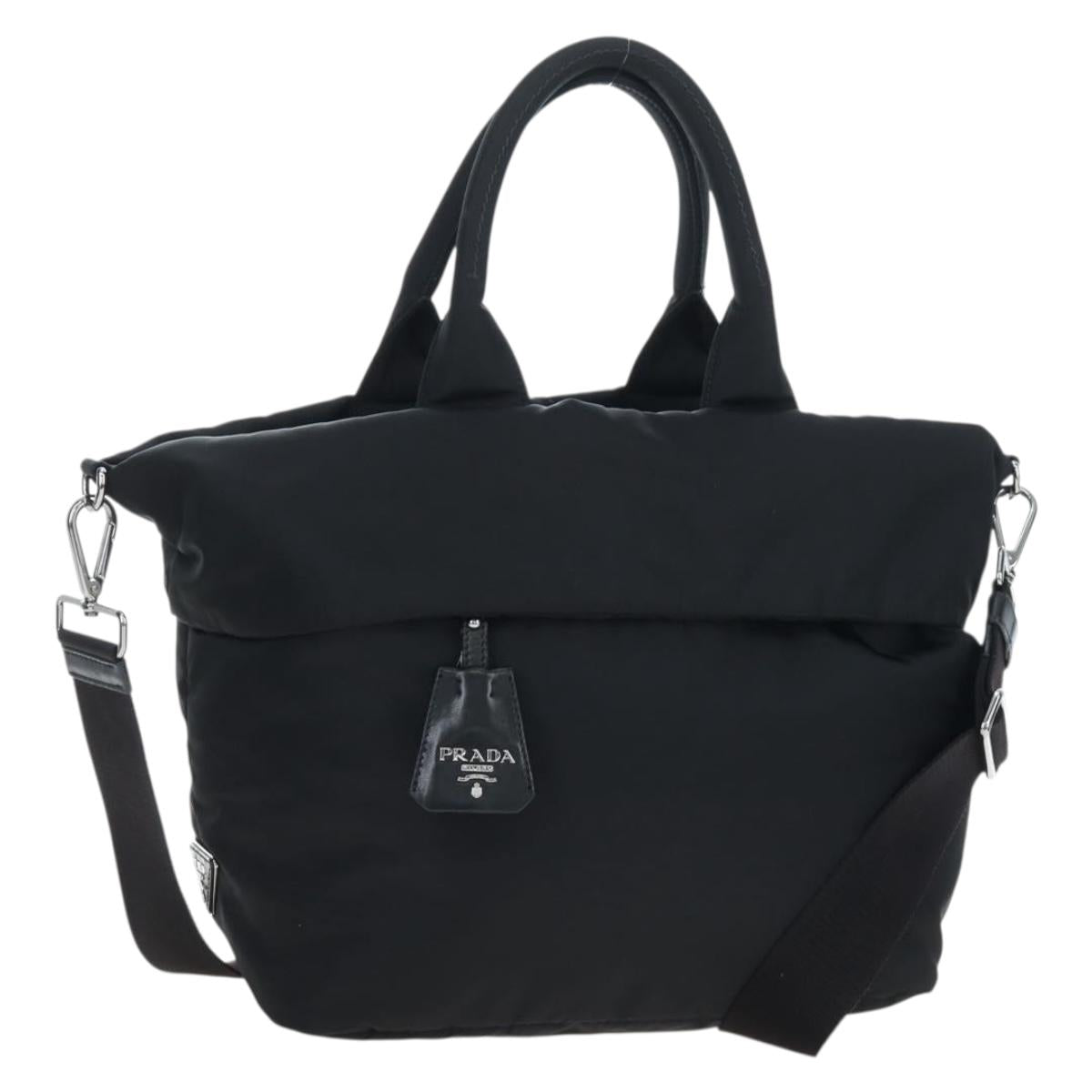 PRADA Reversible Hand Bag Nylon 2way Black Silver Auth 192253V