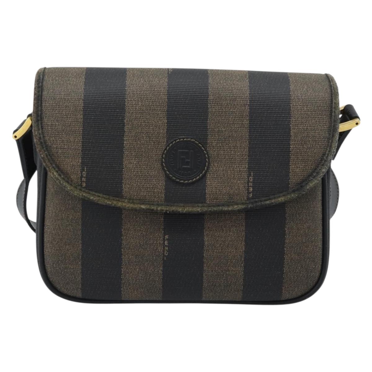 FENDI Pecan Canvas Shoulder Bag PVC Black Brown Auth 192256