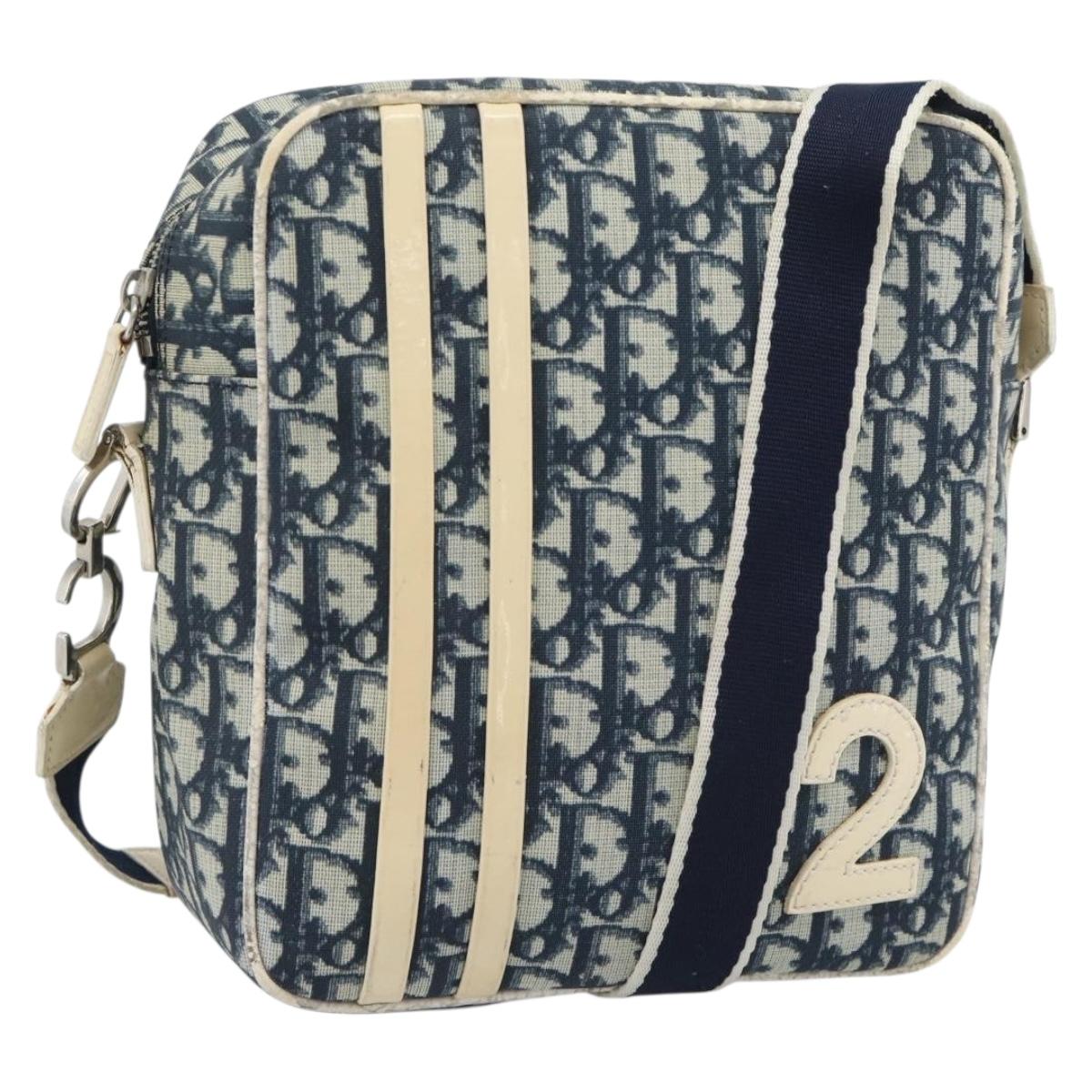 Christian Dior Trotter Canvas Shoulder Bag PVC Navy Silver Auth 192257