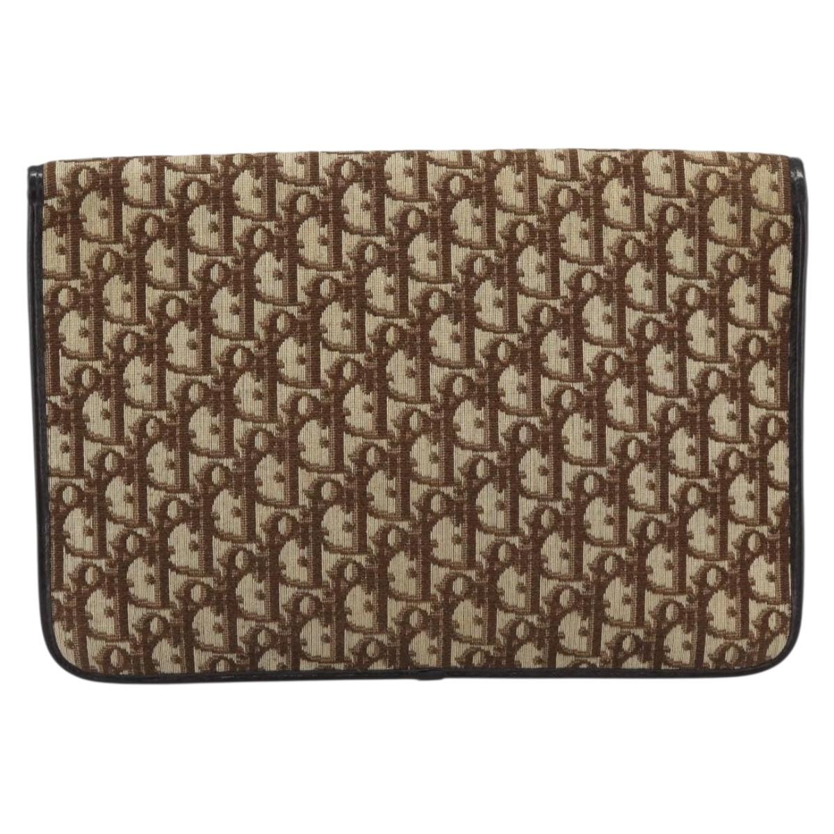 Christian Dior Trotter Canvas Clutch Bag Beige Gold Auth 192259