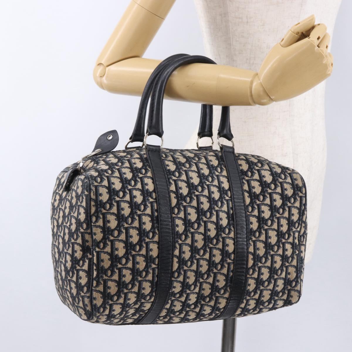 Christian Dior Trotter Canvas Boston Bag Navy Silver Auth 192264