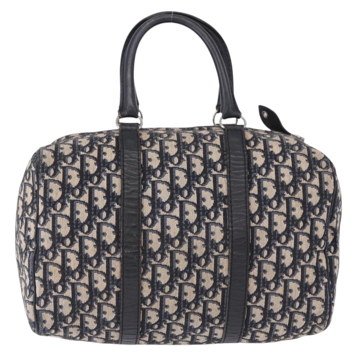 Christian Dior Trotter Canvas Boston Bag Navy Silver Auth 192264