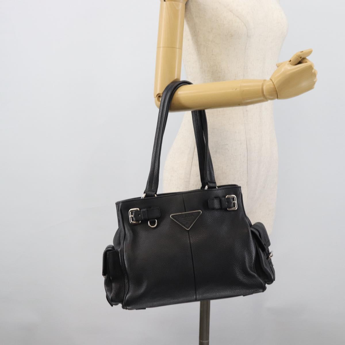 PRADA Tote Bag Vittero Dino Leather Black Silver Auth 192267SAM