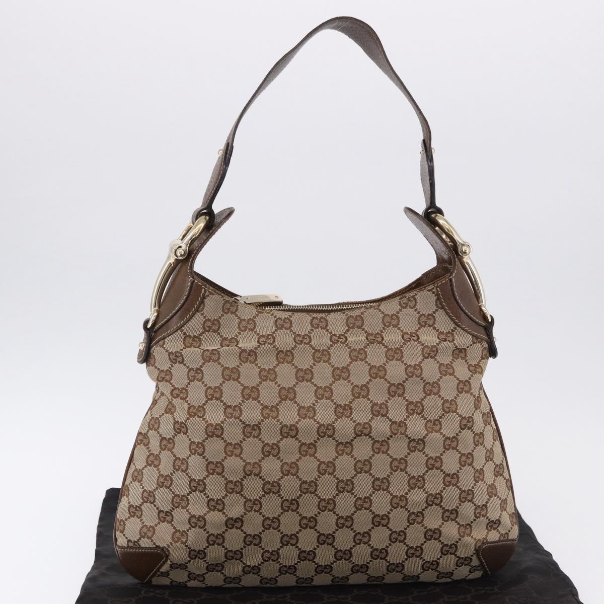 GUCCI GG Canvas Horsebit Shoulder Bag Beige Gold 145826 Auth 192271V