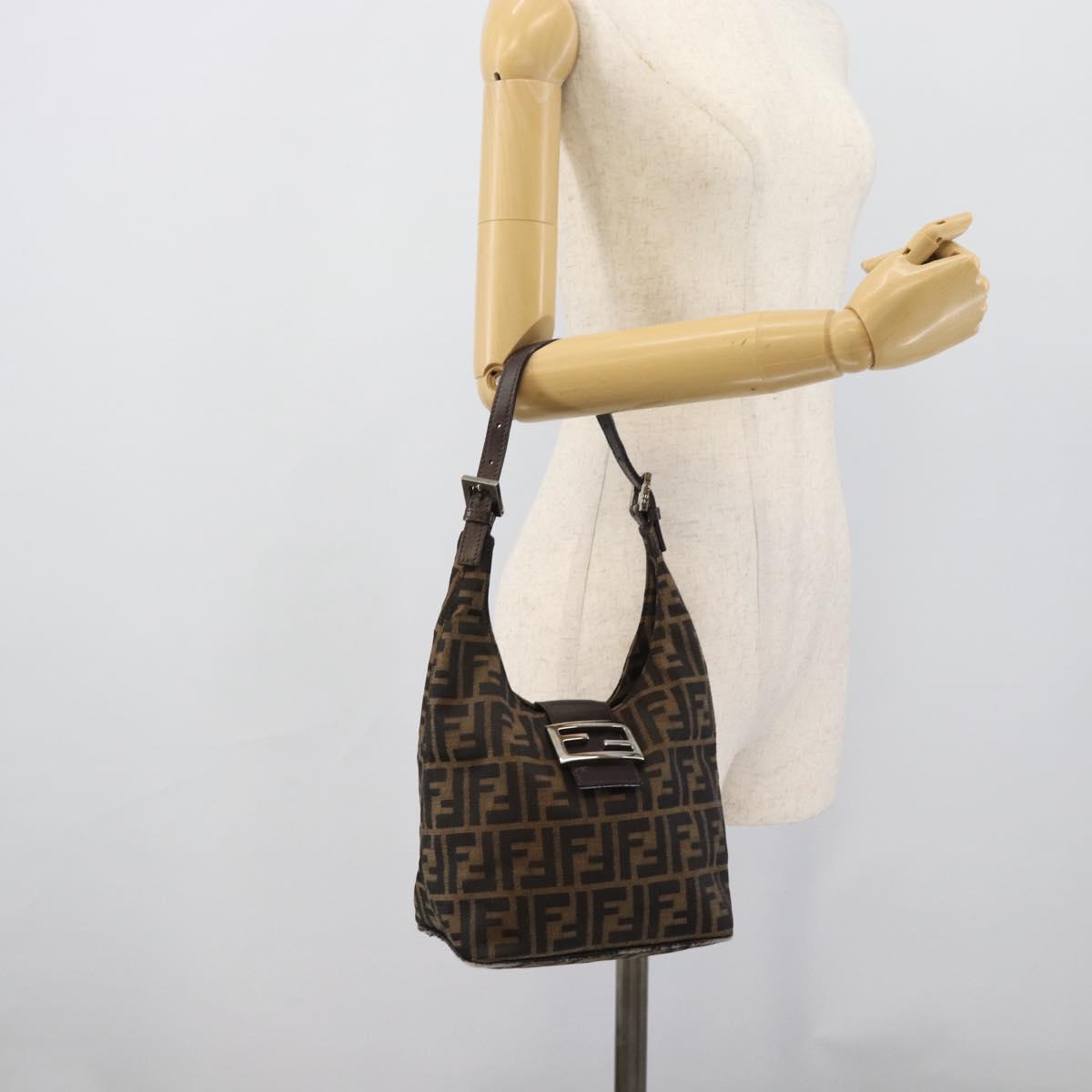 FENDI Zucca Canvas Mamma Baguette Shoulder Bag Brown Gold Auth 192273