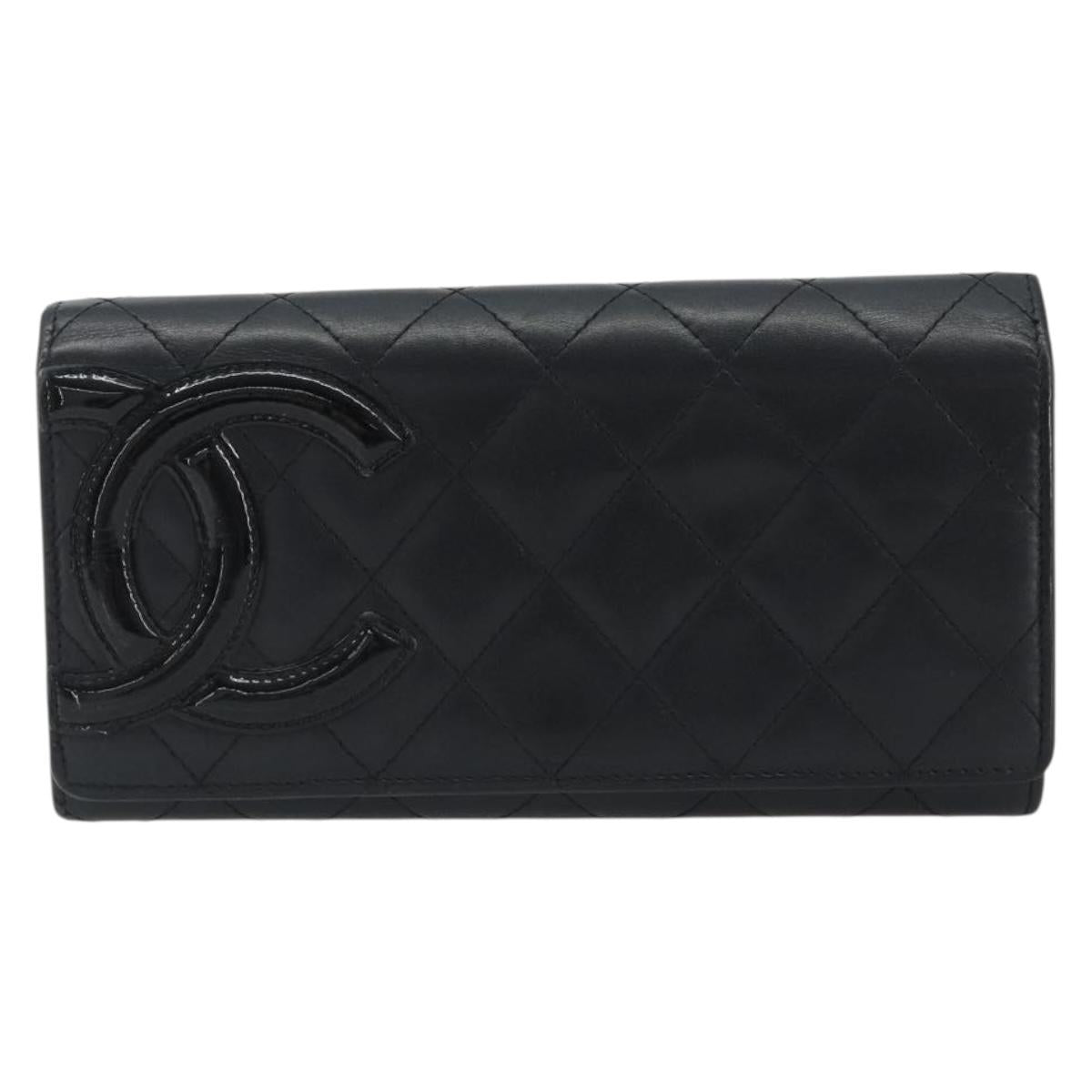 CHANEL Matelasse Cambon Line Long Wallet Leather Black Silver CC Auth 192277