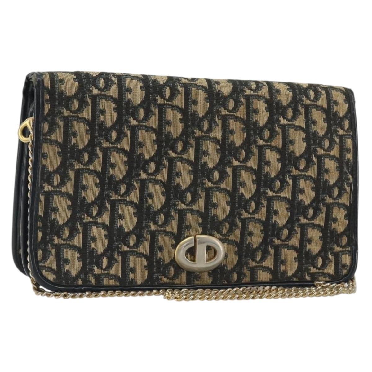 Christian Dior Trotter Canvas Chain Shoulder Bag Navy Gold Auth 192284