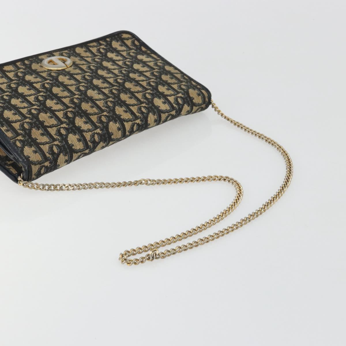 Christian Dior Trotter Canvas Chain Shoulder Bag Navy Gold Auth 192284