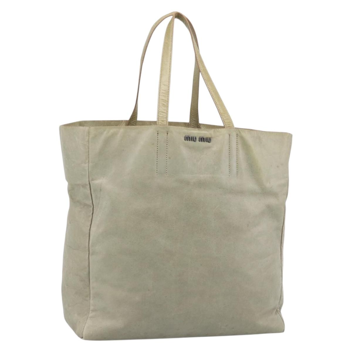 Miu Miu Tote Bag Leather Beige Silver Auth 192293