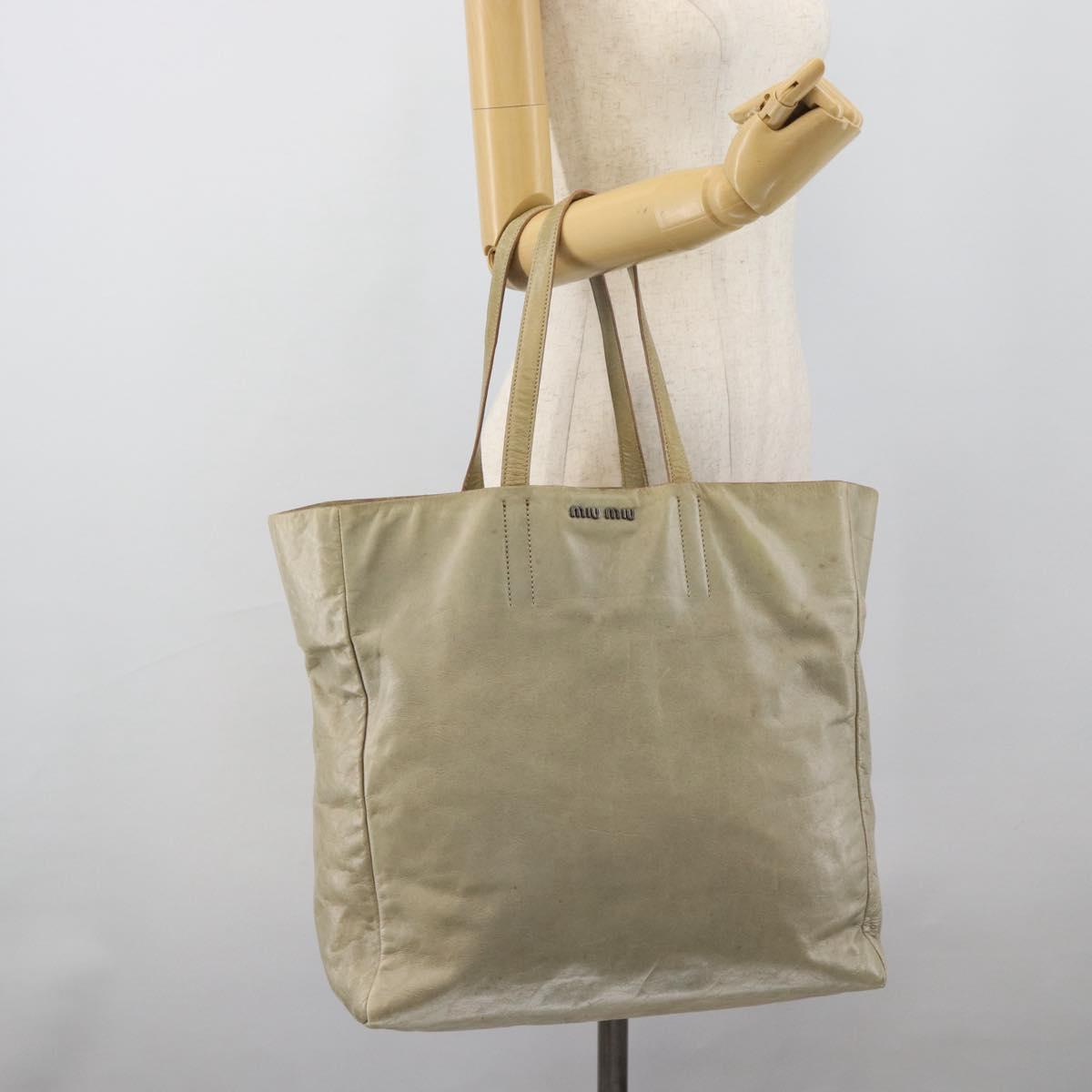 Miu Miu Tote Bag Leather Beige Silver Auth 192293