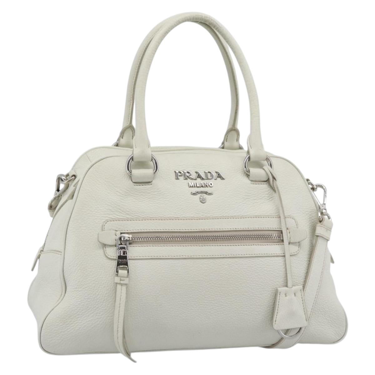 PRADA Hand Bag Vittero Dino Leather 2way White Silver Auth 192296V